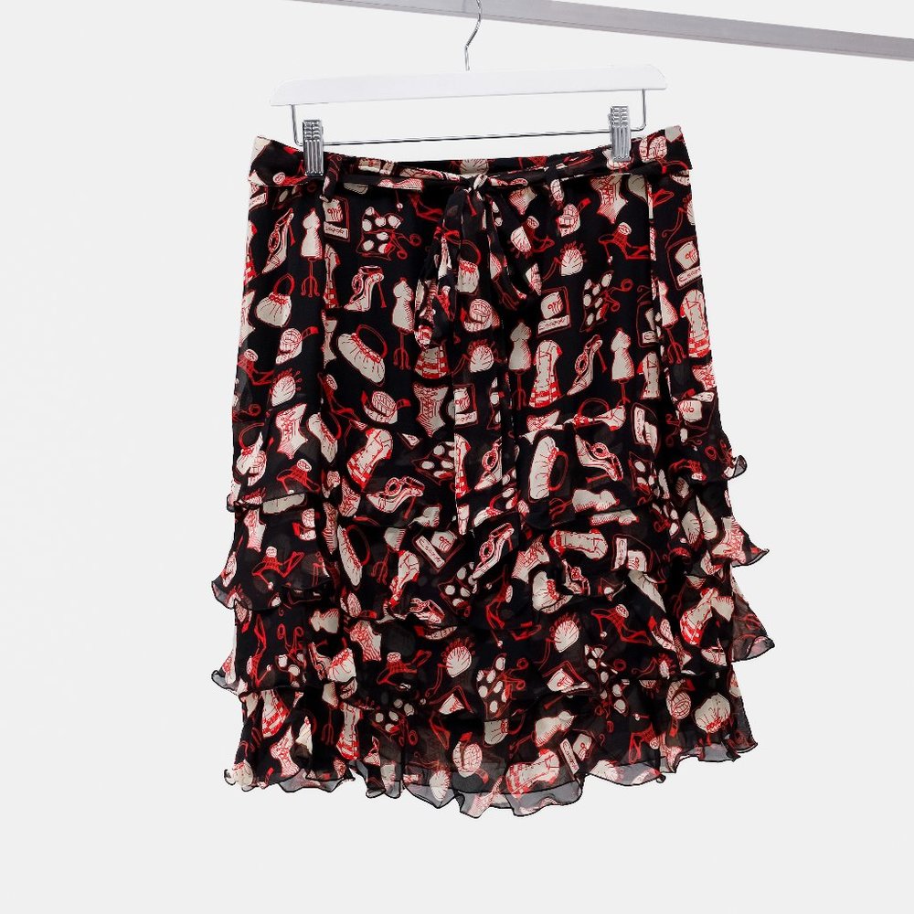 Escada Red Silk Printed Ruffle Skirt